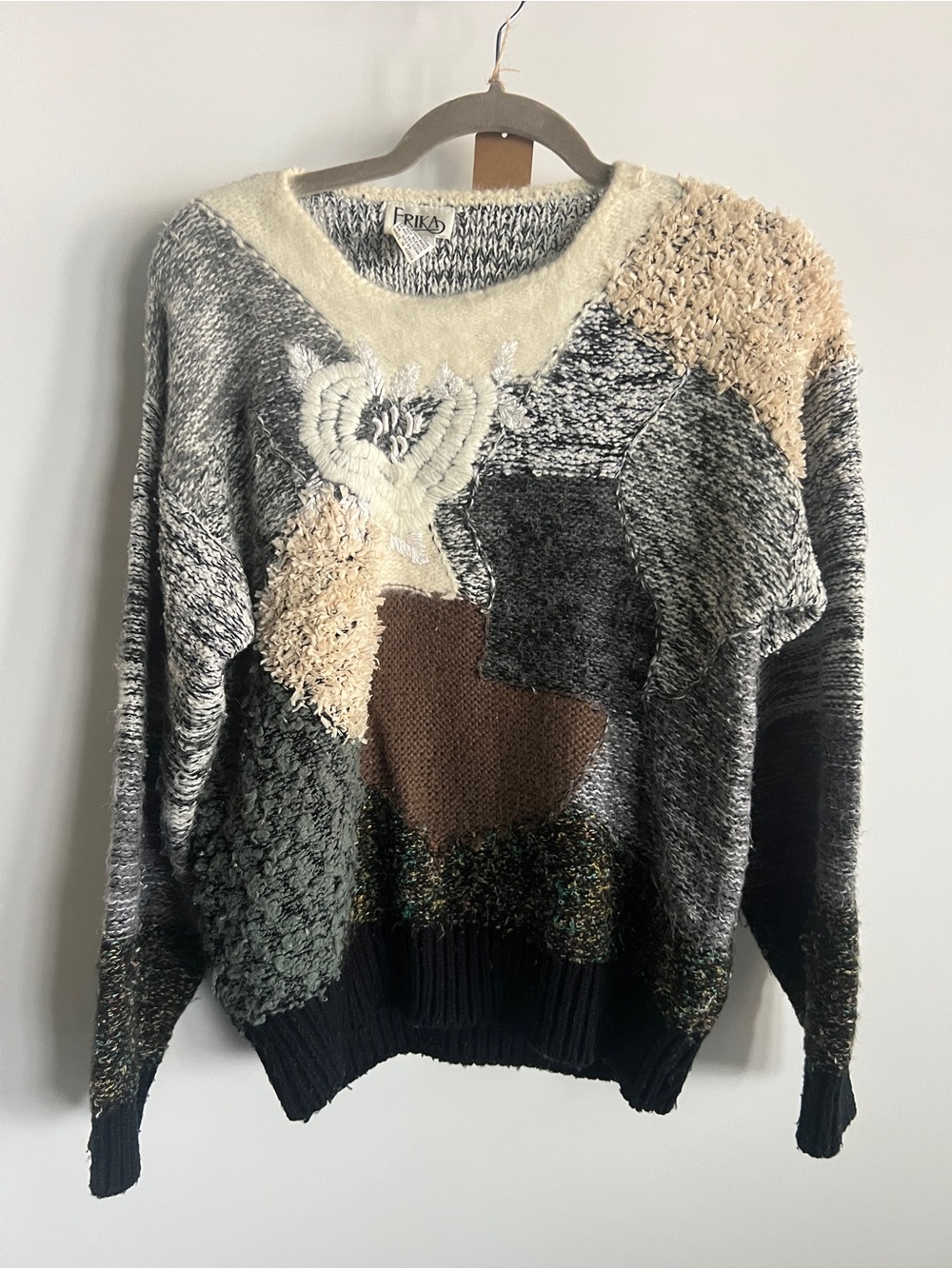 Erika Patchwork Crewneck Sweater in Cream, Gray & Brown